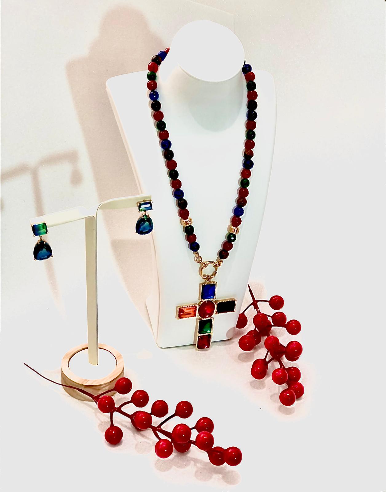 Conjunto de Joyas Collar Cruz Colorida 2 piezas