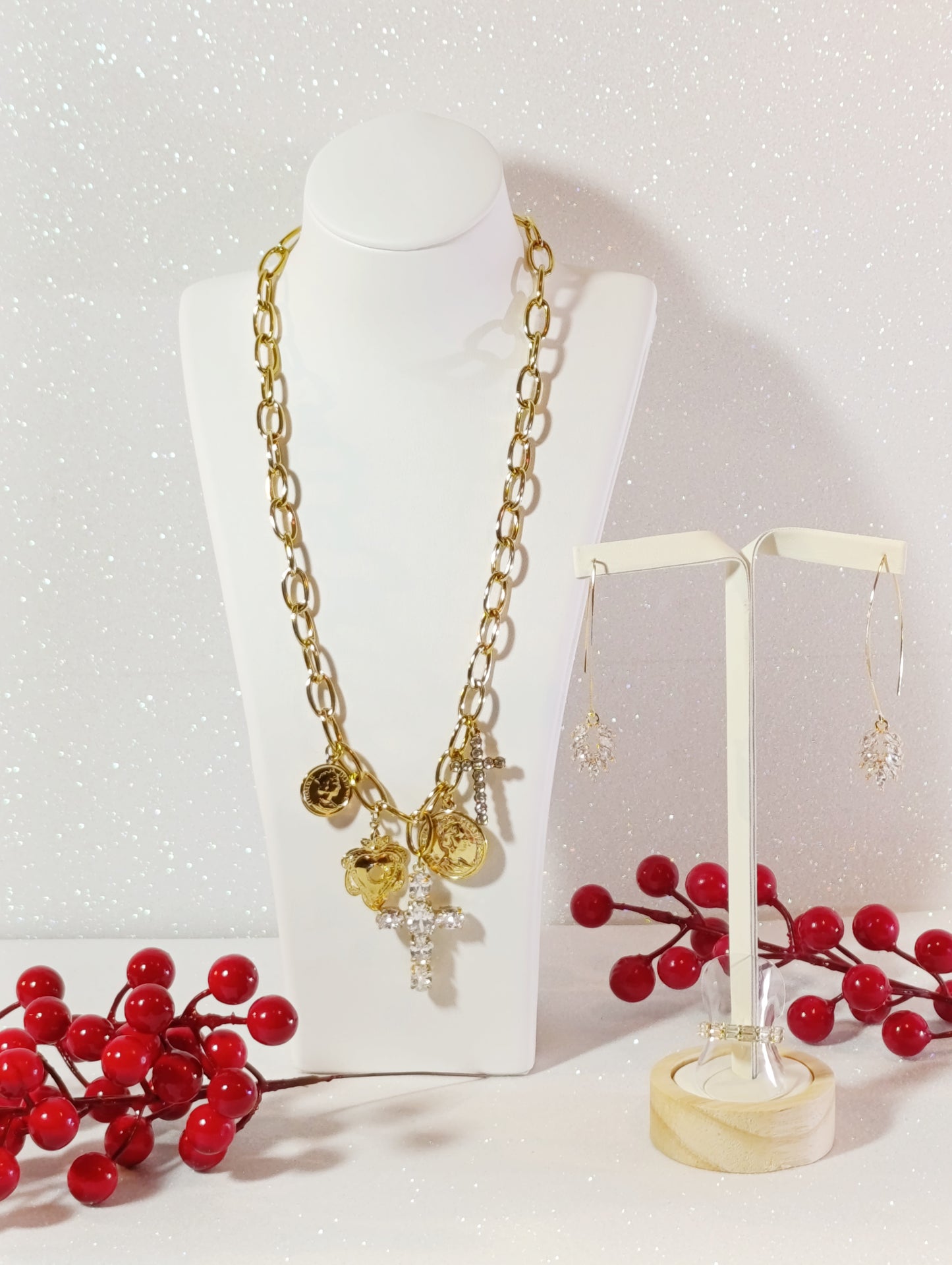 Conjunto de Joyas 3 piezas Collar Cruces Chapado en Oro 18 K