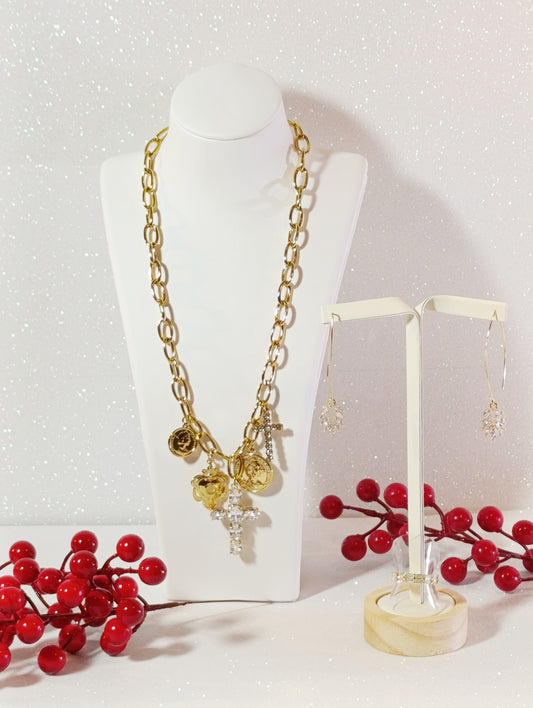 Conjunto de Joyas 3 piezas Collar Cruces Chapado en Oro 18 K