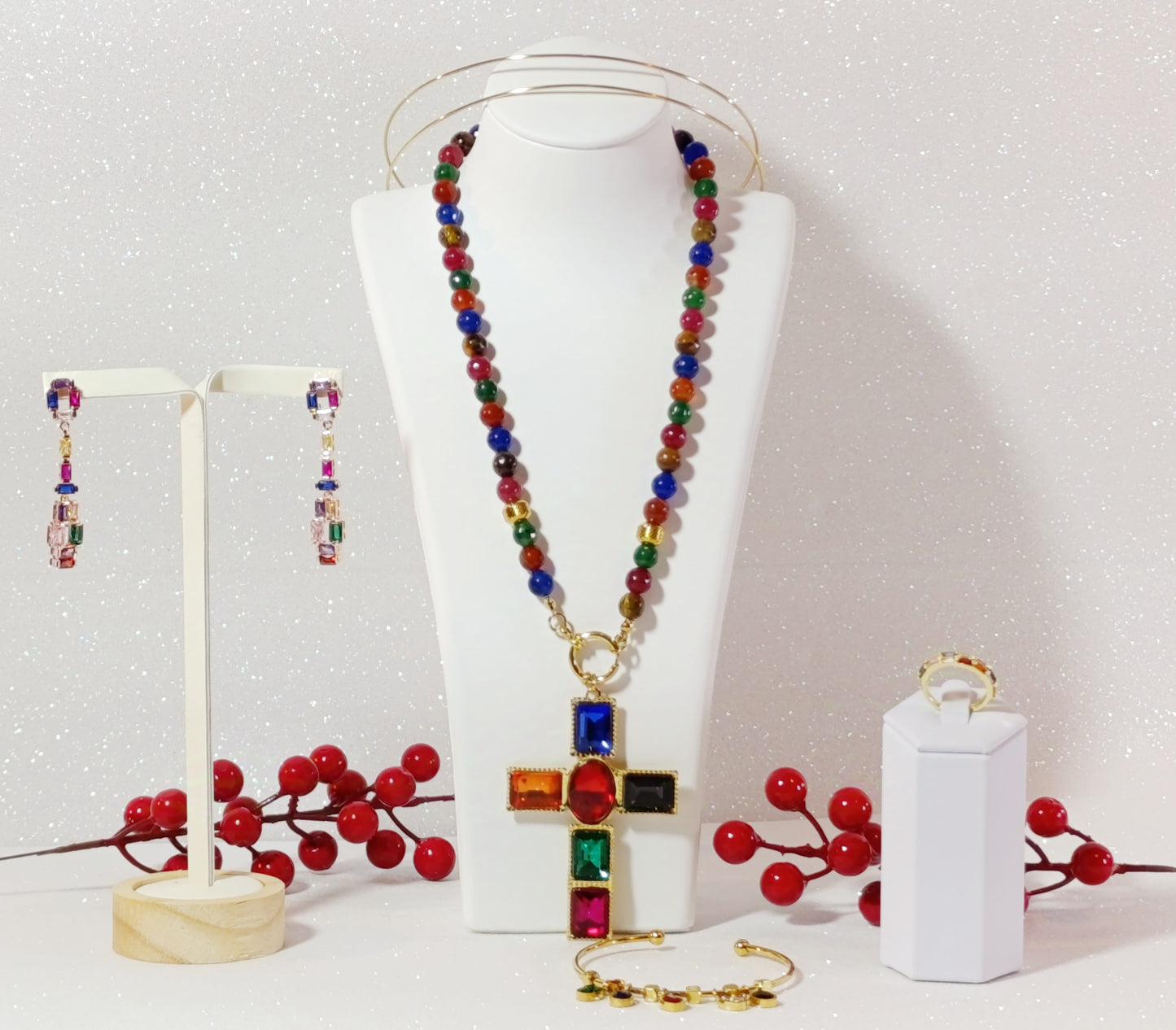 Conjunto de Joyas 4 piezas Cruz de Cristales Colorida y Acero Chapado en Oro 18K