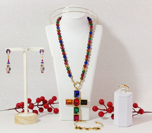 Conjunto de Joyas 4 piezas Cruz de Cristales Colorida y Acero Chapado en Oro 18K