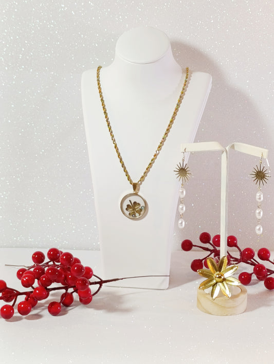 Conjunto de Joyas 3 piezas Collar Trébol de Acero Chapados en Oro 18 K