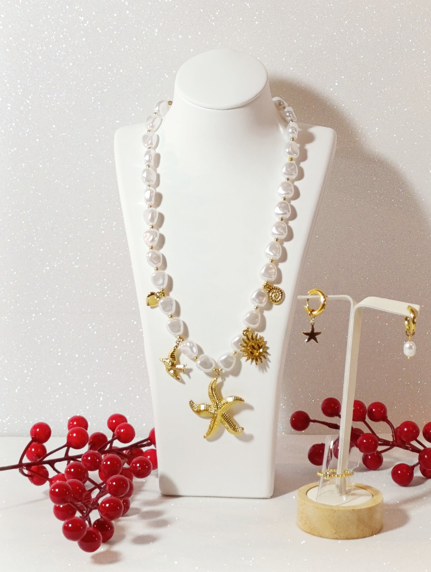 Conjunto de Joyas 3 piezas Collar Estrella de Mar en Acero Chapado en Oro 18K Perlas de imitación