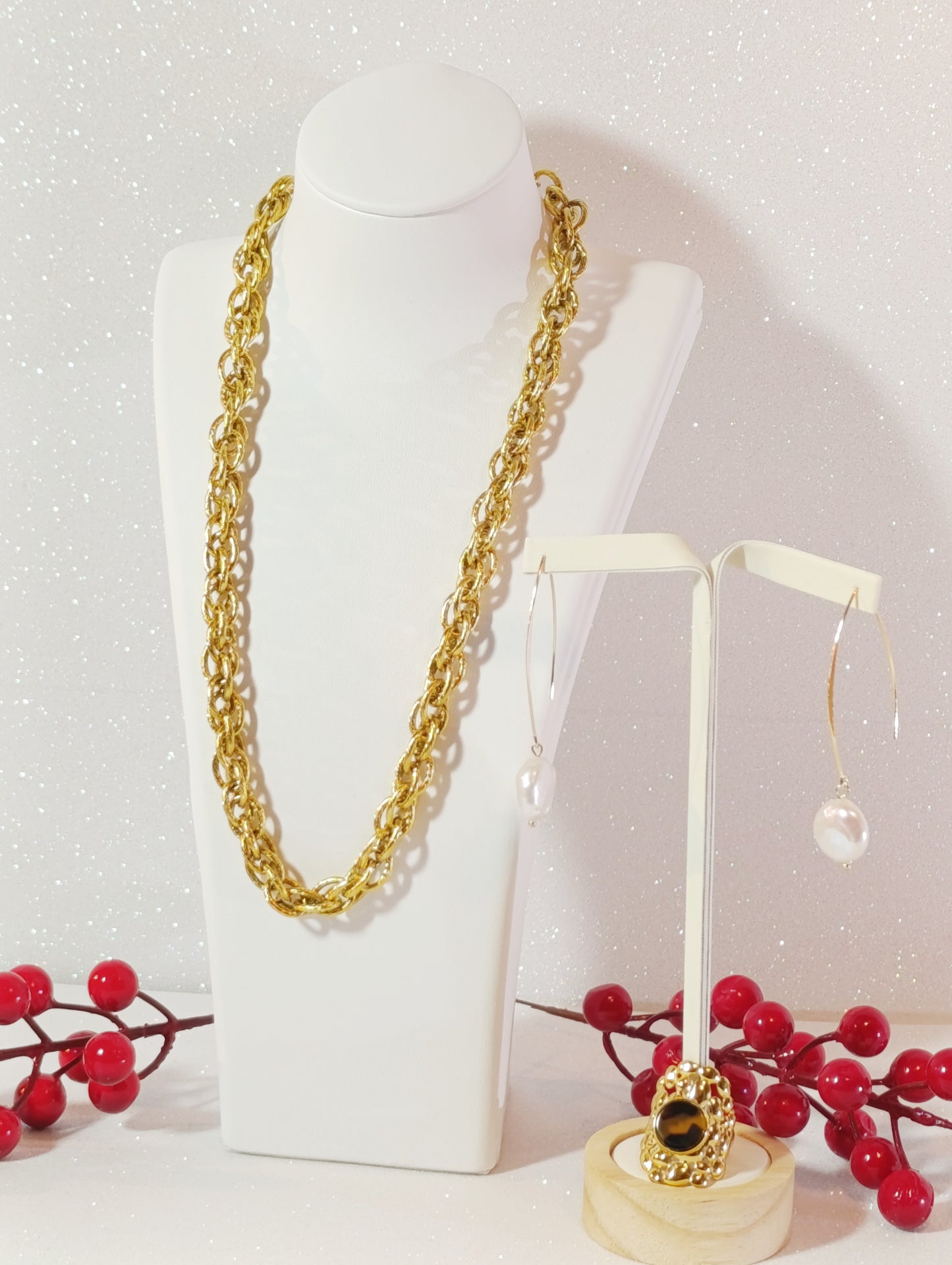 Conjunto Joyas Collar Grueso 3 Piezas Acero Chapado en Oro 18K
