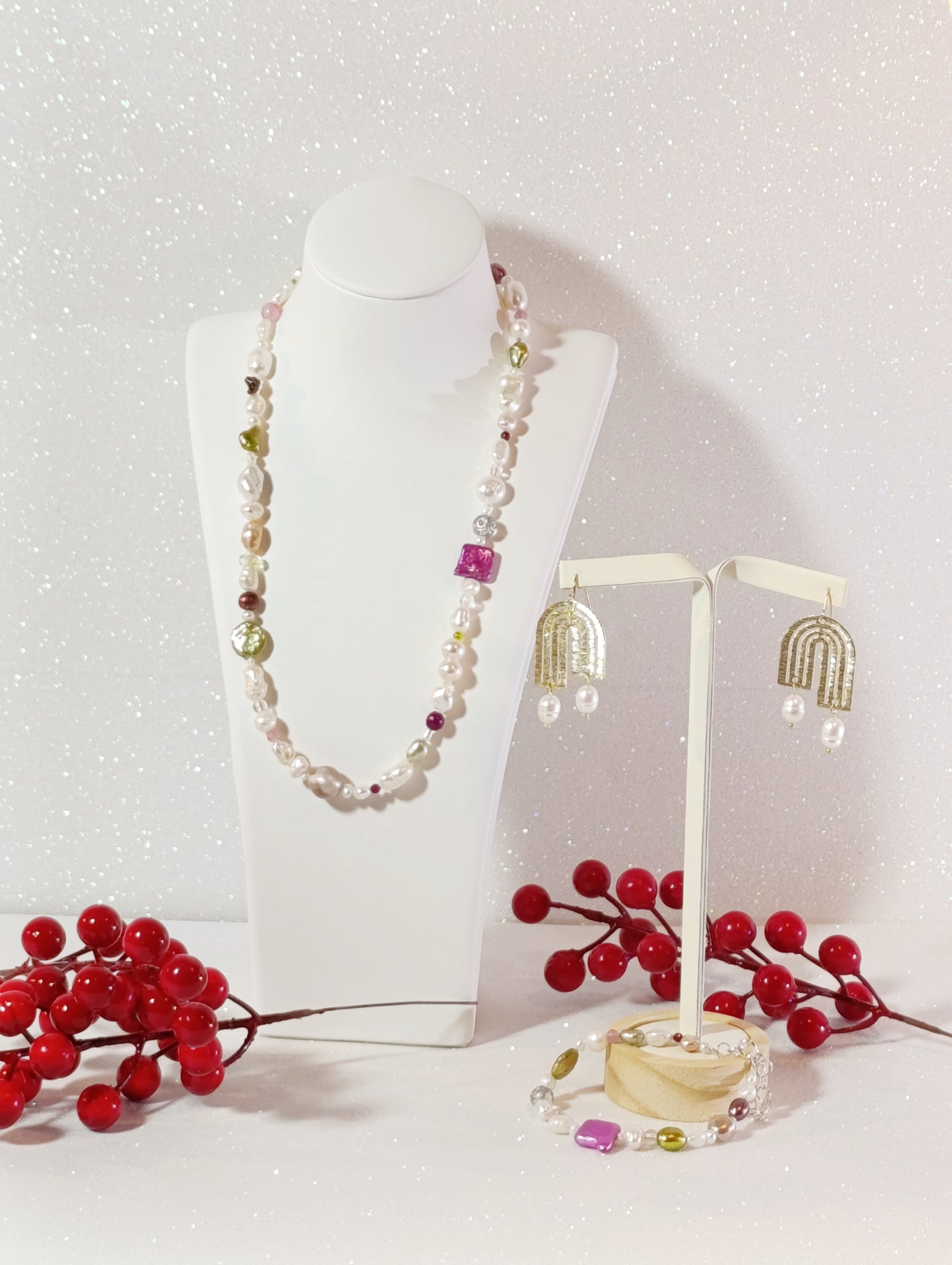 Conjunto de Joyas 3 piezas Collar Perlas Naturales Acero Chapado en Oro 18 K