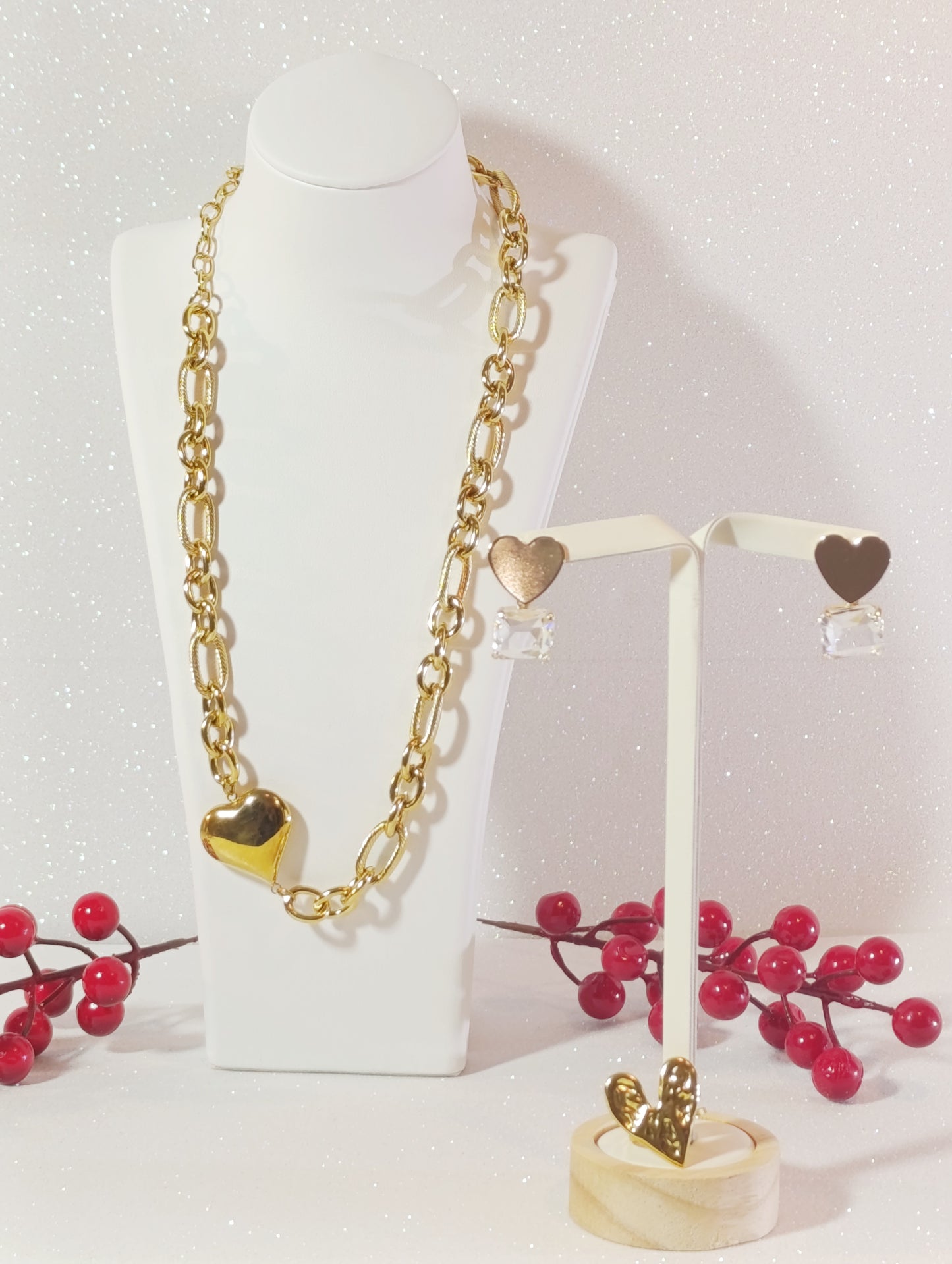 Conjunto de Joyas Collar Grueso Corazón 3 piezas Acero Chapado en Oro 18K